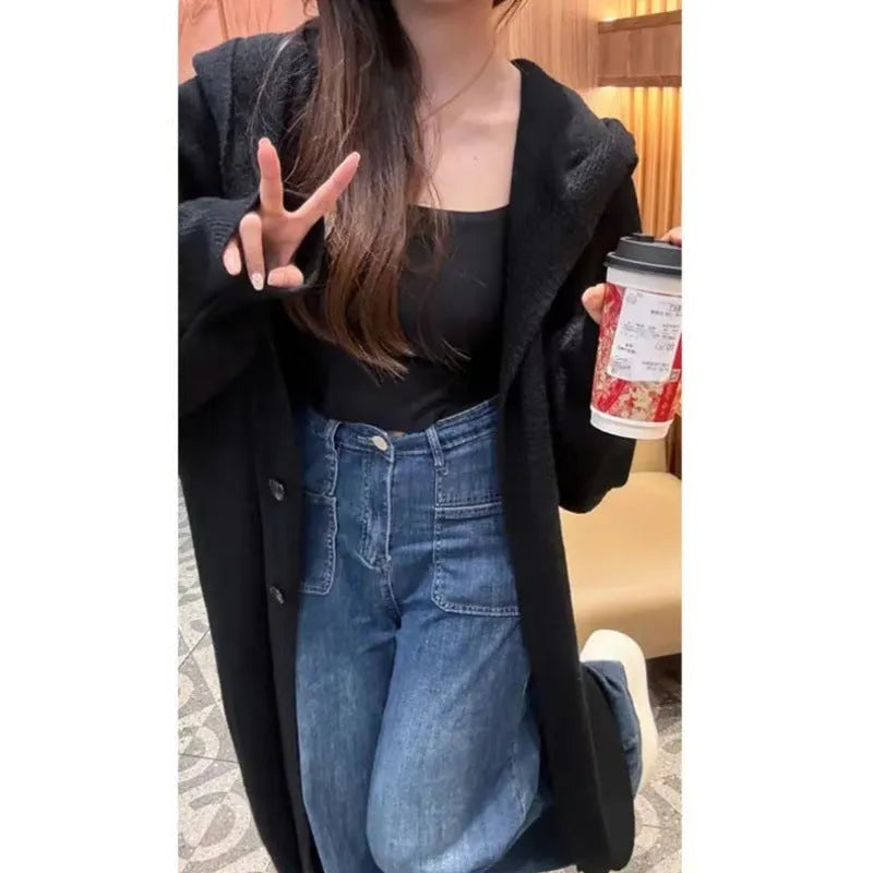 Korean style women's hooded long cardigan in below-the-knee length, loose fit