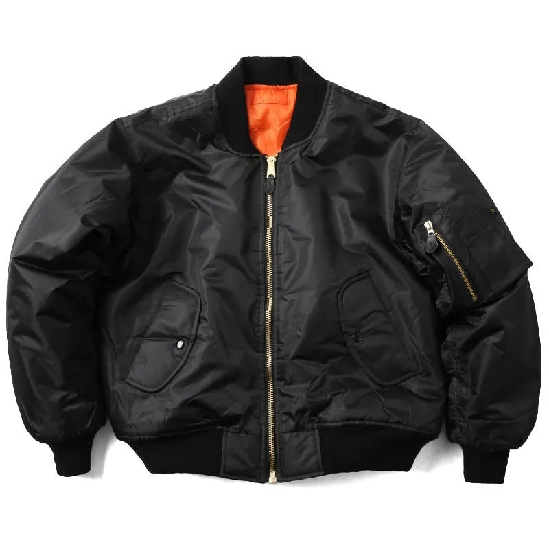 Men's army green loose-fit cotton-padded pilot jacket with double-sided wear-resistant nylon construction.