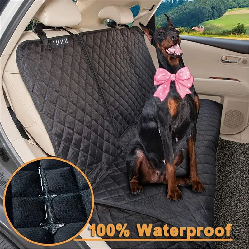 Black pet car seat cover with thick cushion and non-slip net on rear seat, 600D Oxford cloth, size 134.62 x 121.92 cm