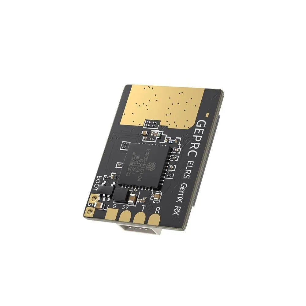 FPV ELRS dual-frequency 915MHz 2.4GHz receiver on metal base with two T-shaped antennas and wiring.