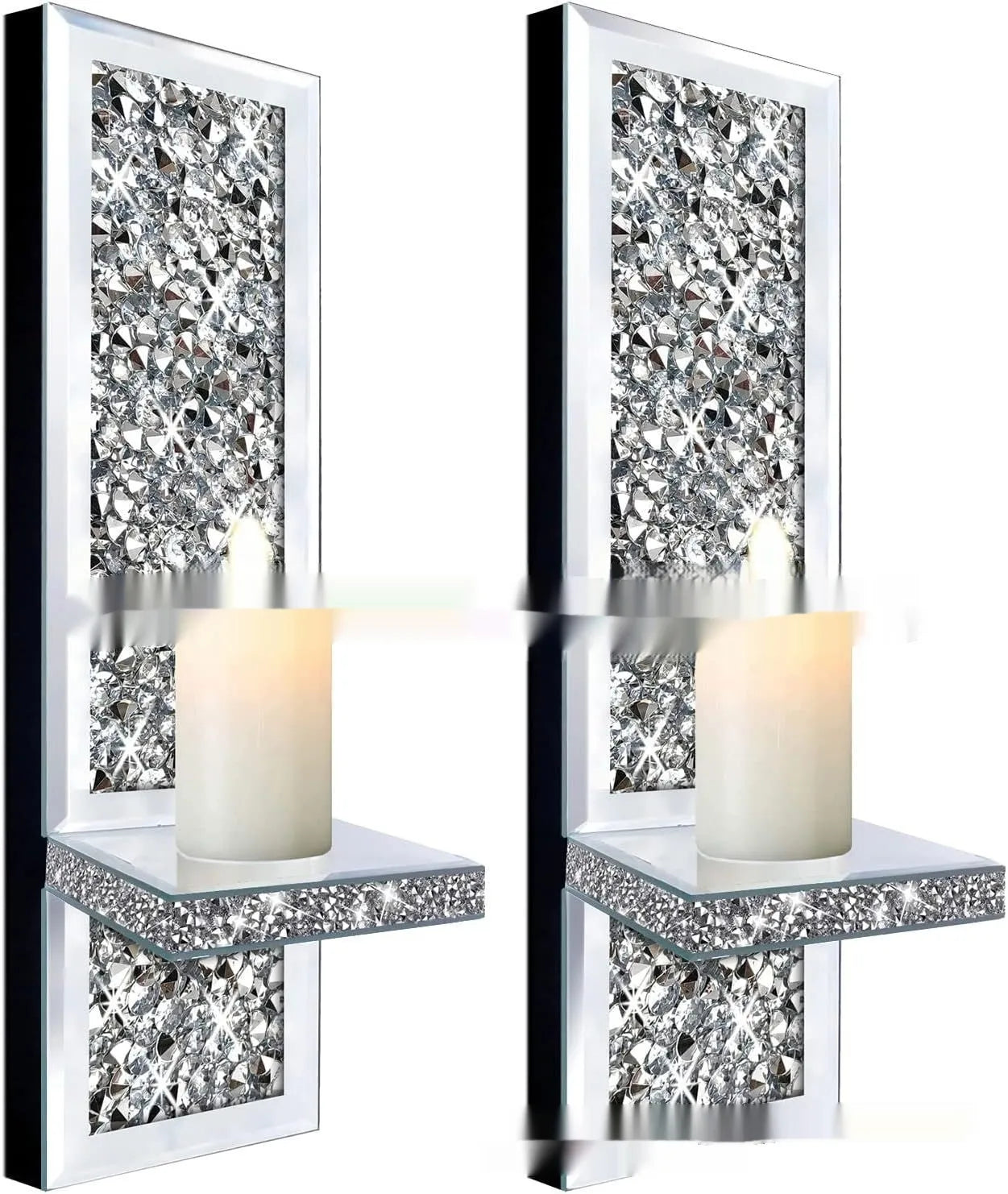Pair of silver mirror glass candlestick holders mounted on wall for modern home decoration