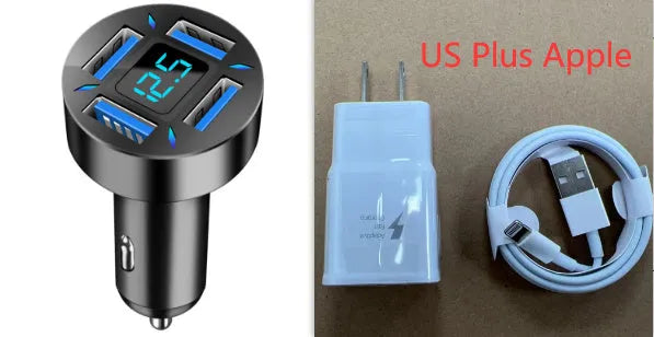 Black four-port USB car charger with LED digital display showing charging status