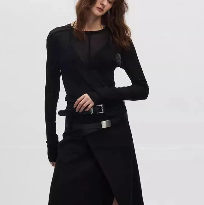 Black mesh see-through texture slim-fit long sleeve pullover on a hanger.