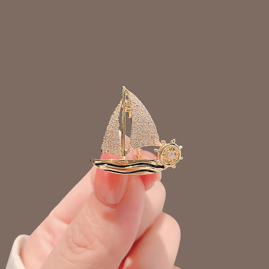Women's alloy anti-exposure brooch with sailboat design in natural style, 5cm length
