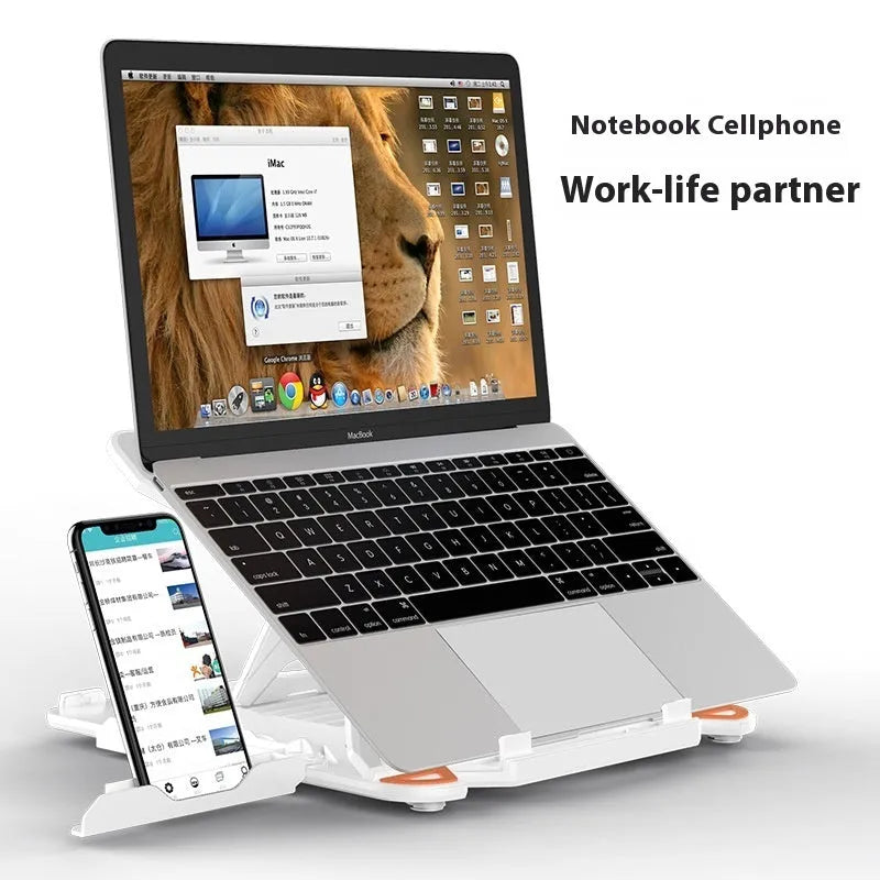 Black ABS plastic laptop bracket with adjustable tilt angle on wooden desk
