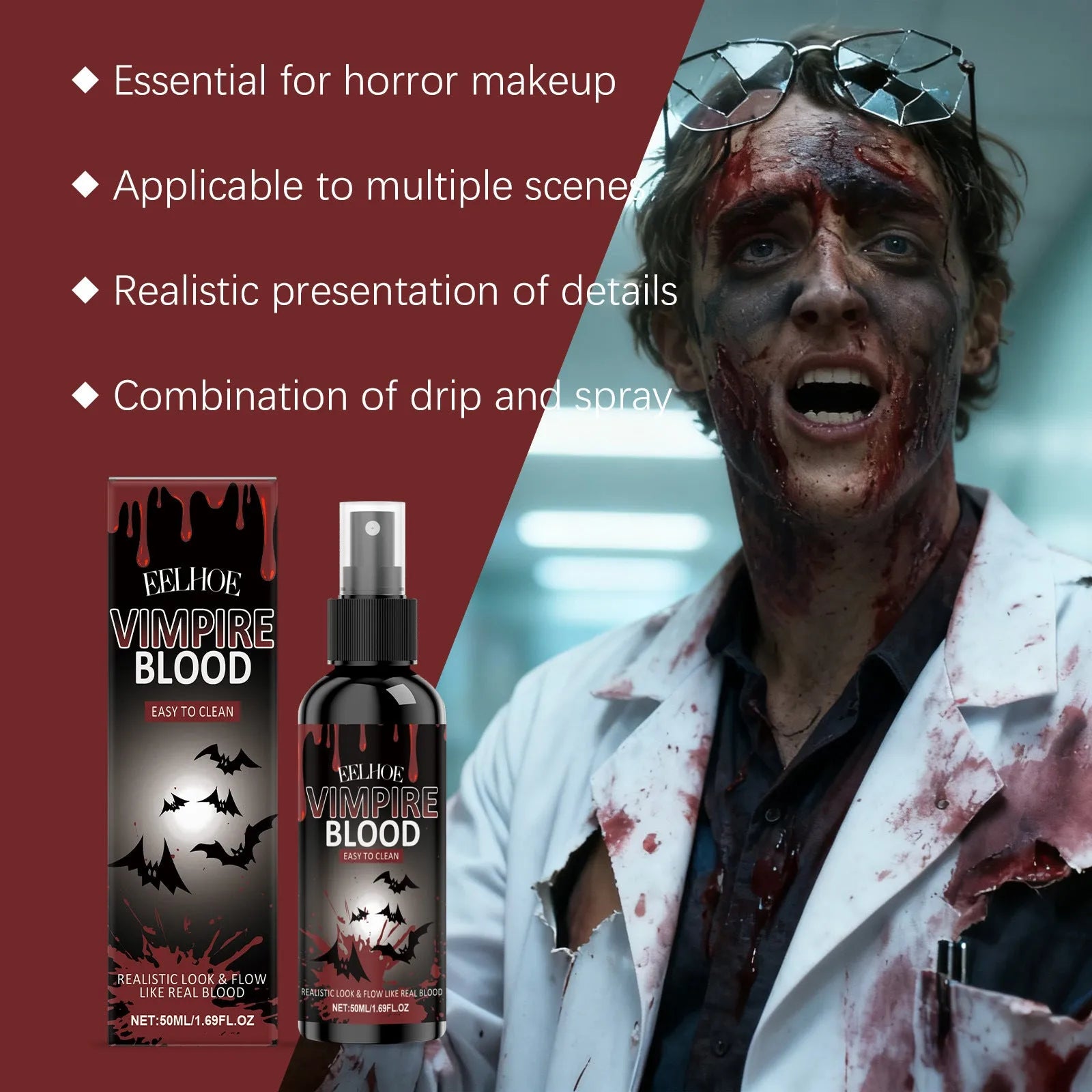 Halloween plasma spray 50ml bottle with red blood effect for costumes and stage makeup