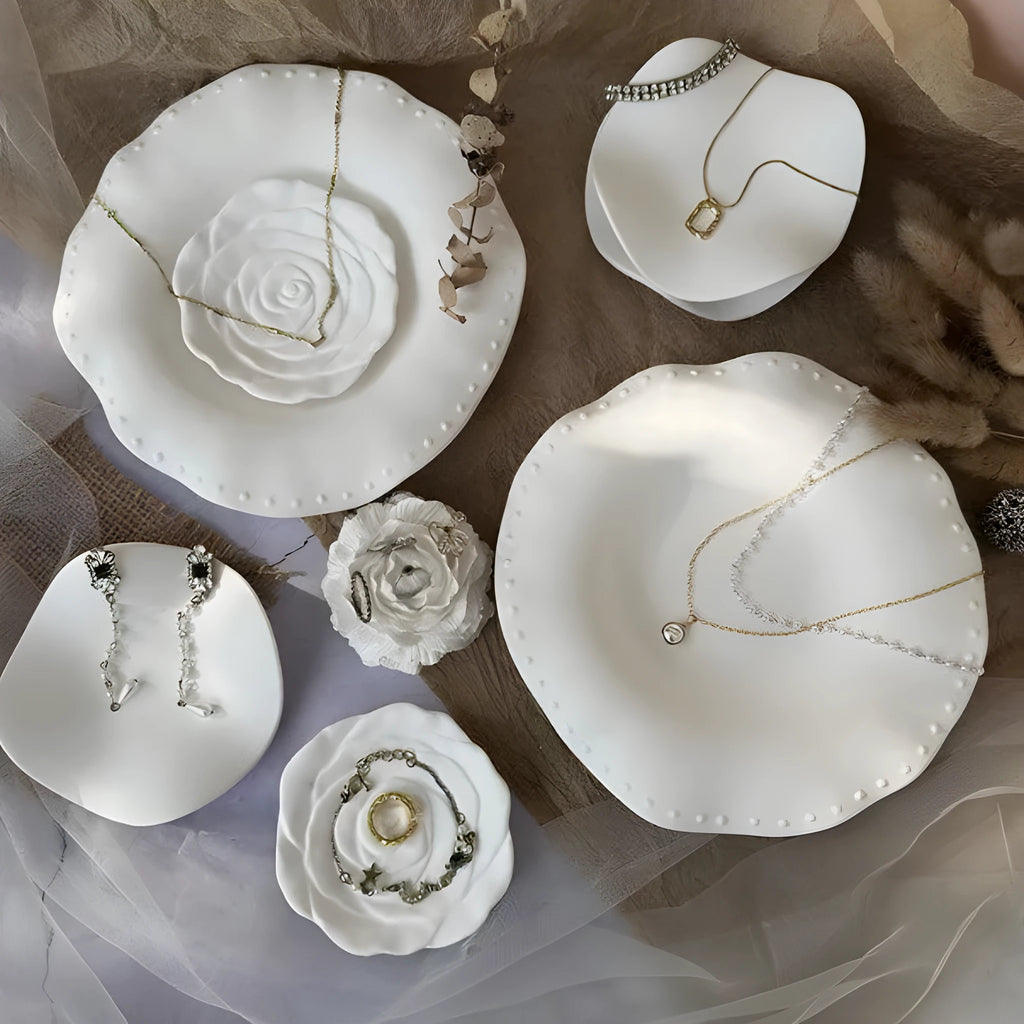 Vintage French relief gypsum jewellery display plate with sculptural plaster design and white matte finish