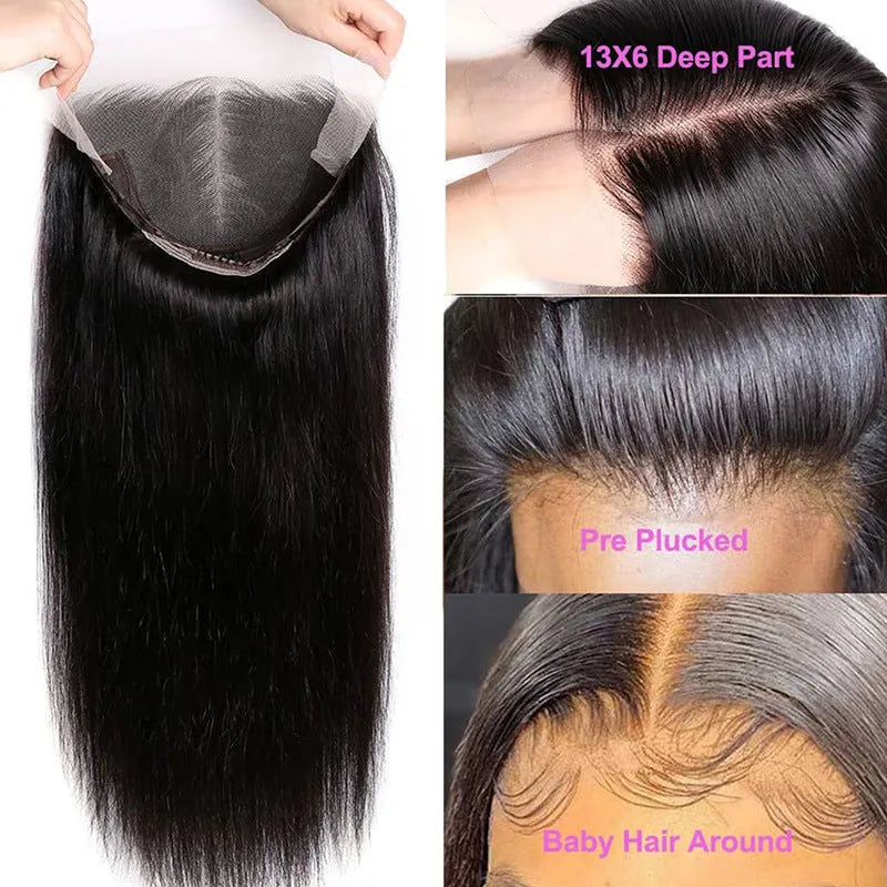 Black straight human hair lace front wig showing 13x6 inch base and long hair length