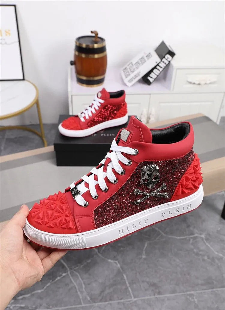 Men's black genuine leather skeleton high top shoes with red laces and a rubber sole.