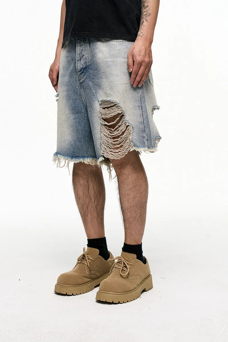 Light blue washed denim shorts with wide leg baggy fit and mid waist design
