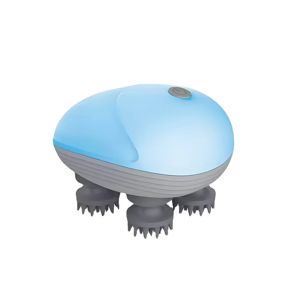 Blue electric pet massager with four rotating heads held in hand next to cat