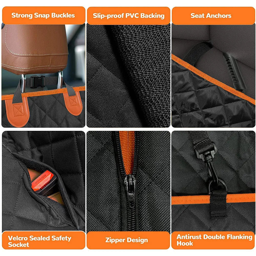 Black and orange edged waterproof dog car seat cover laid out, showing mesh window and storage pockets.