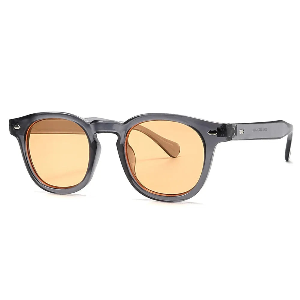 Simple round rim plastic sunglasses shown in a bright black frame with blue lenses on a plain background.