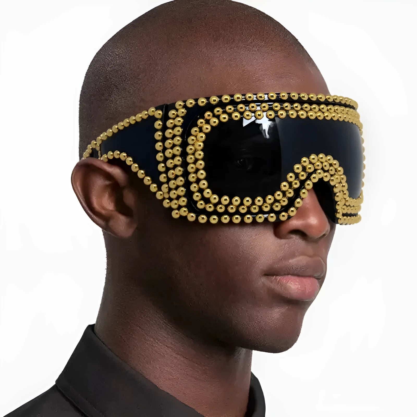 Men's punk sunglasses with large rim and square rivet details in gold colour