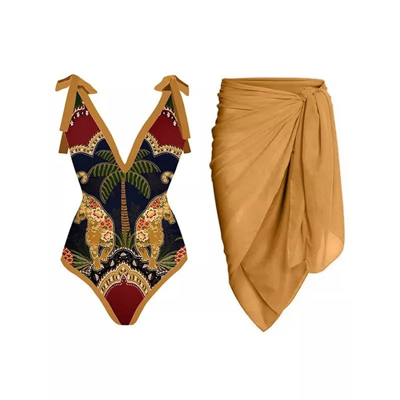Solid colour women's one-piece swimsuit with spaghetti straps and a matching skirt.