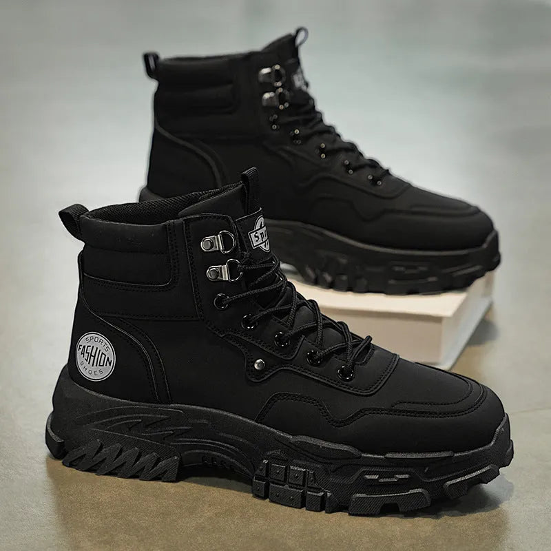 Men's black and yellow Martin boots with a mid-heel and high-top calf length.