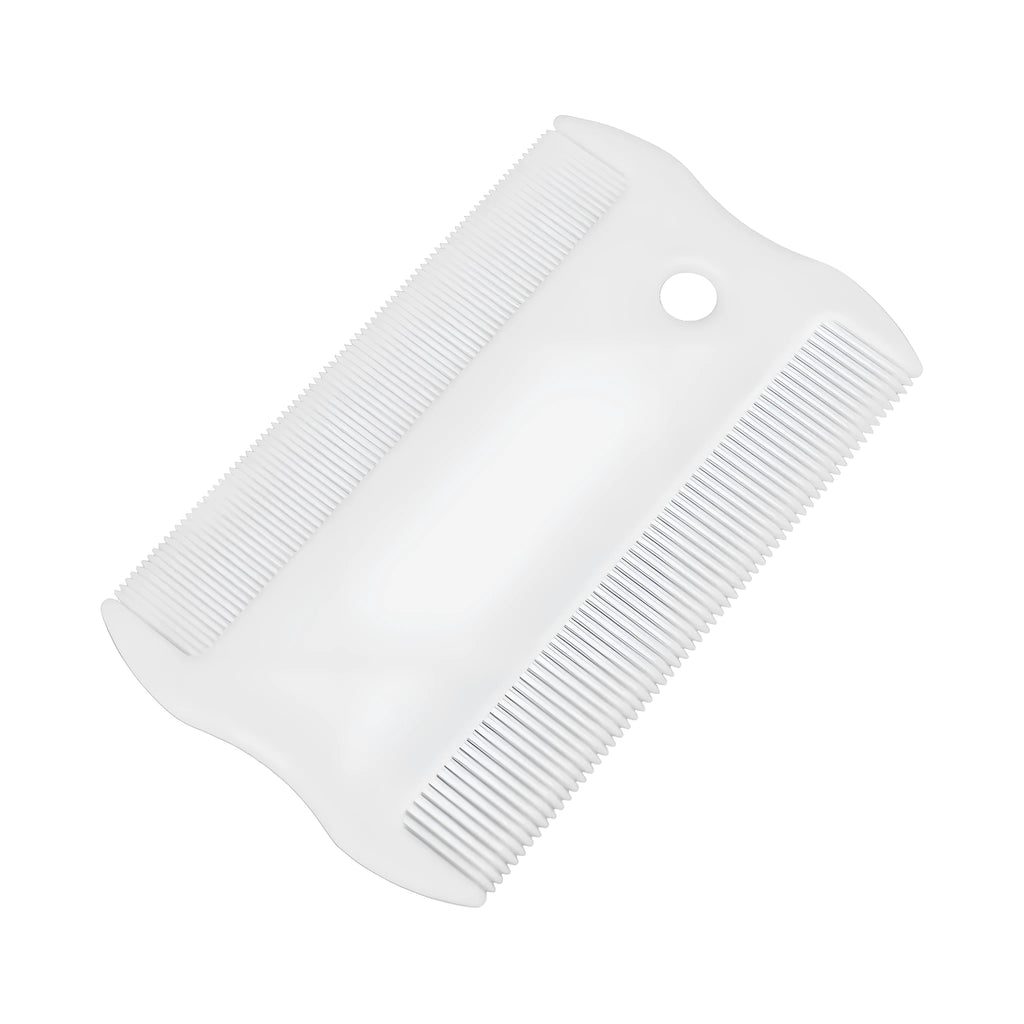 A double-sided plastic flea comb for pets with dense teeth, shown with its dimensions of 0.85 cm by 5 cm.