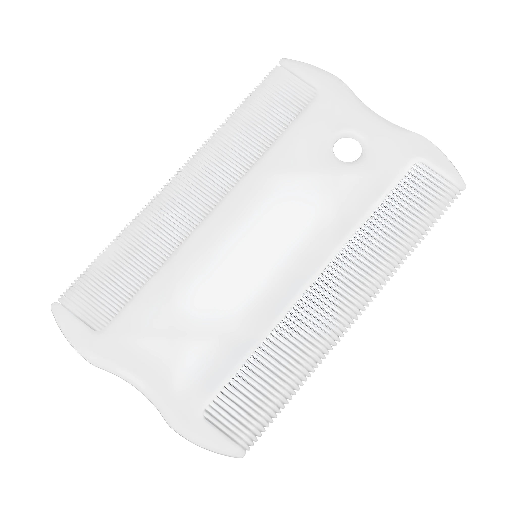 A double-sided plastic flea comb for pets with dense teeth, shown with its dimensions of 0.85 cm by 5 cm.