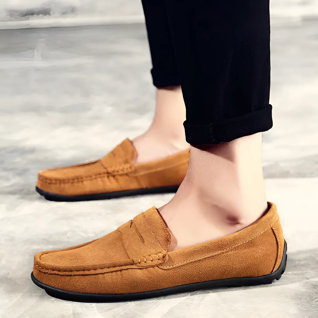 Men's suede Gommino loafers in plus sizes on a flat rubber sole, shown in a colour option.