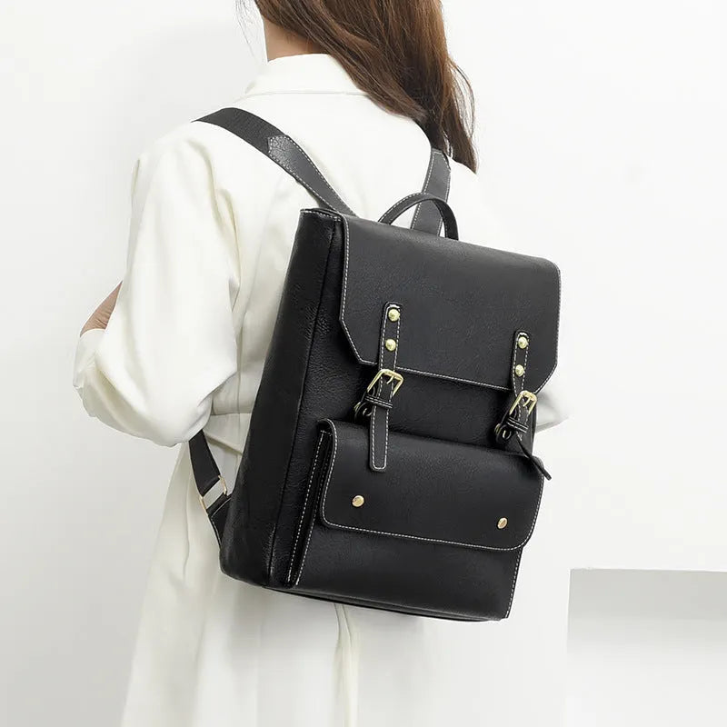 Korean retro style simple backpack in soft PU leather, shown in black, dark brown, milky white, and brown colour options.