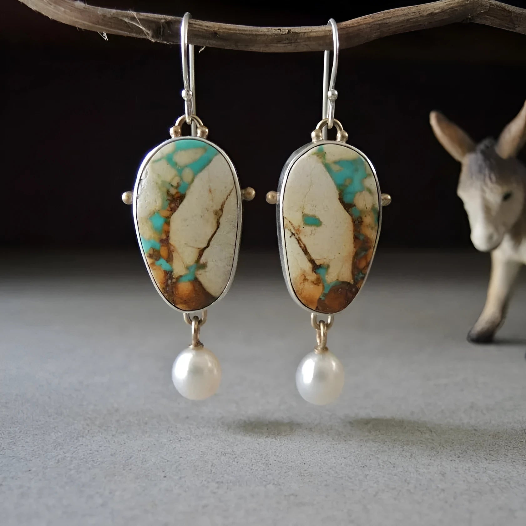 Vintage turquoise and pearl drop pendant earrings, alloy, electroplated, 45mm by 13mm colourful drop shape