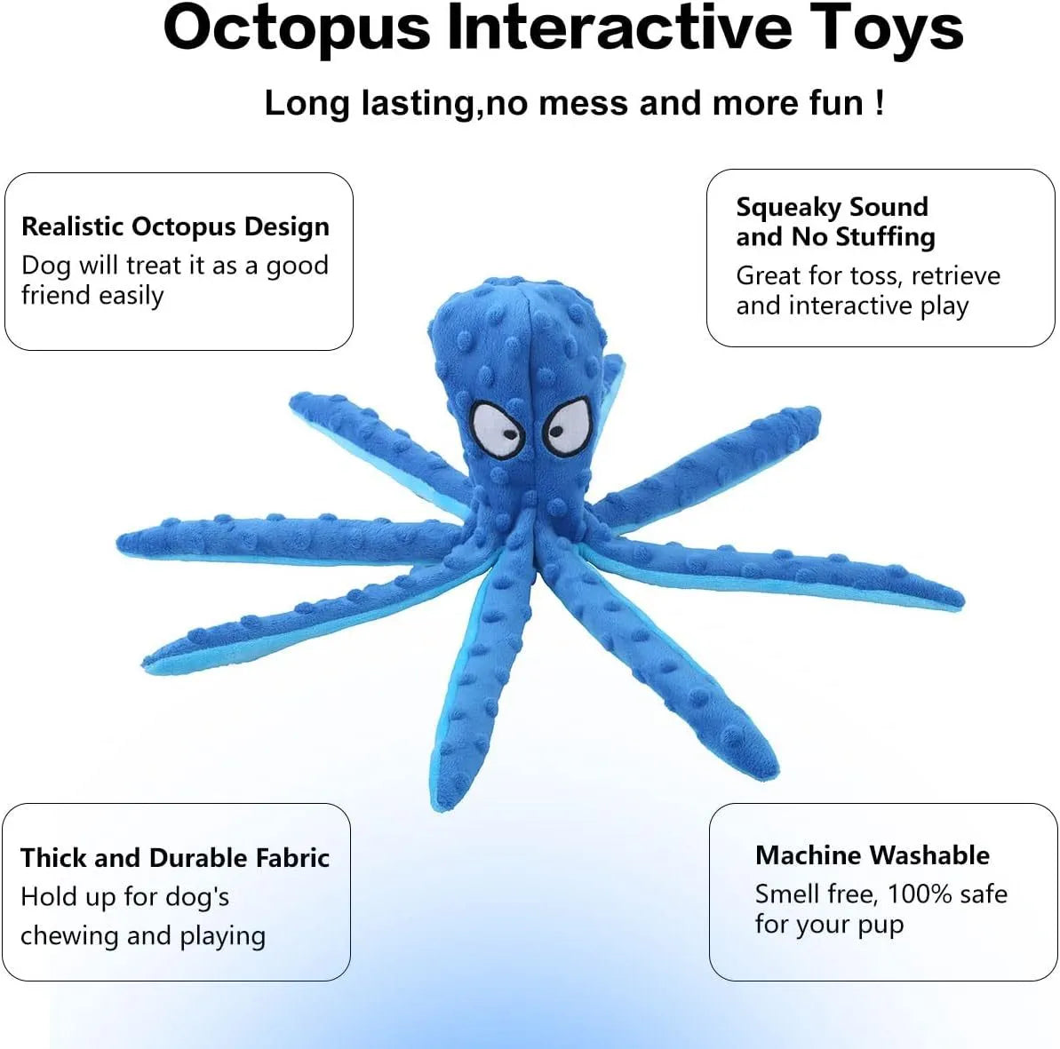 Blue octopus dog squeaky toy with no stuffing measuring 32cm long