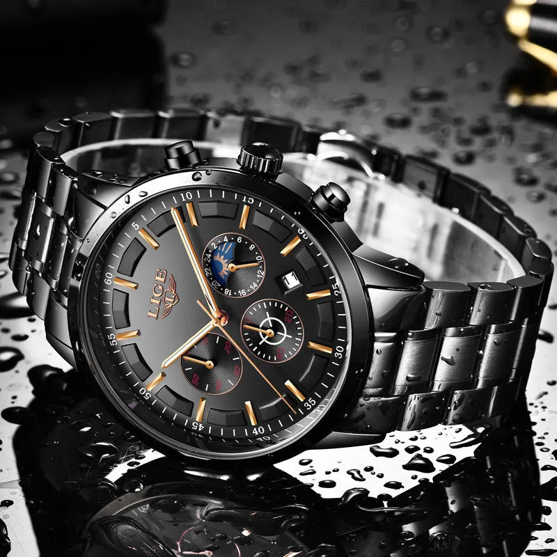 Men's black and rose red gold quartz sports watch with waterproof design