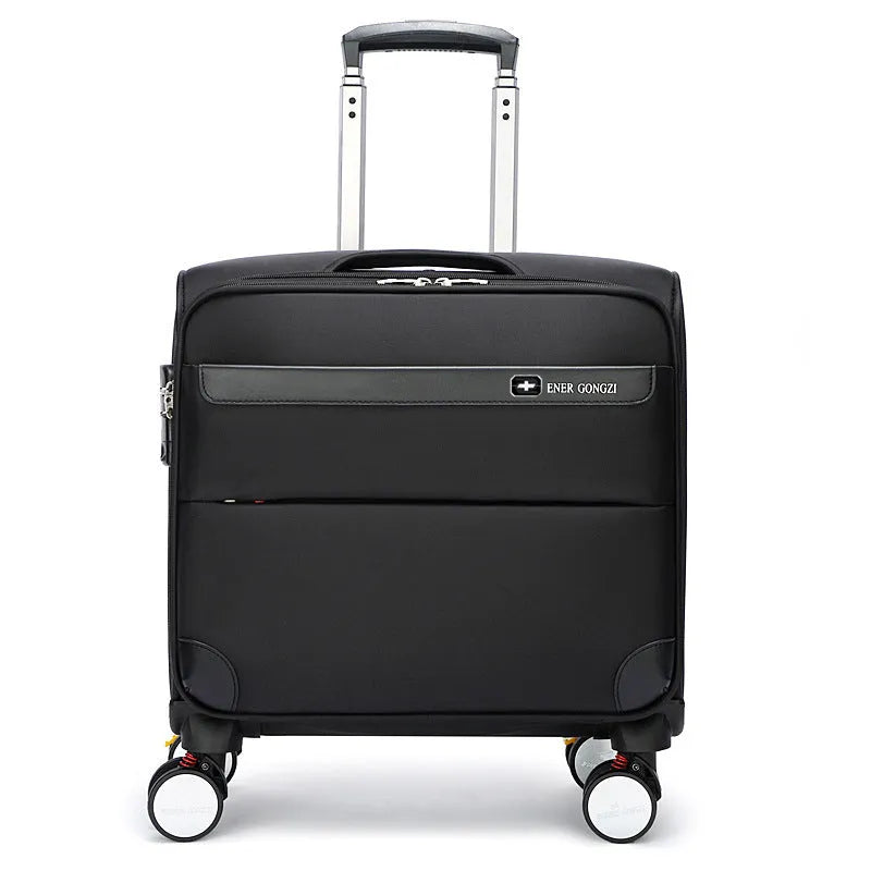 18 inch black Oxford cloth business travel suitcase with telescopic handle and universal wheels.