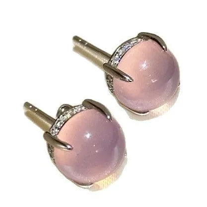 Chinese style chalcedony stud earrings with copper four-claw setting in three colour options