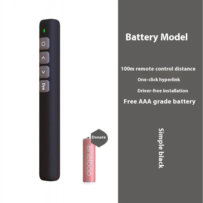 A whiteboard and presentation remote control pen in black, with a USB charging cable.