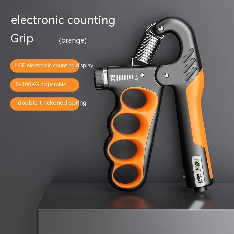 Adjustable electronic count spring grip with LCD screen in grey, orange and red colour options