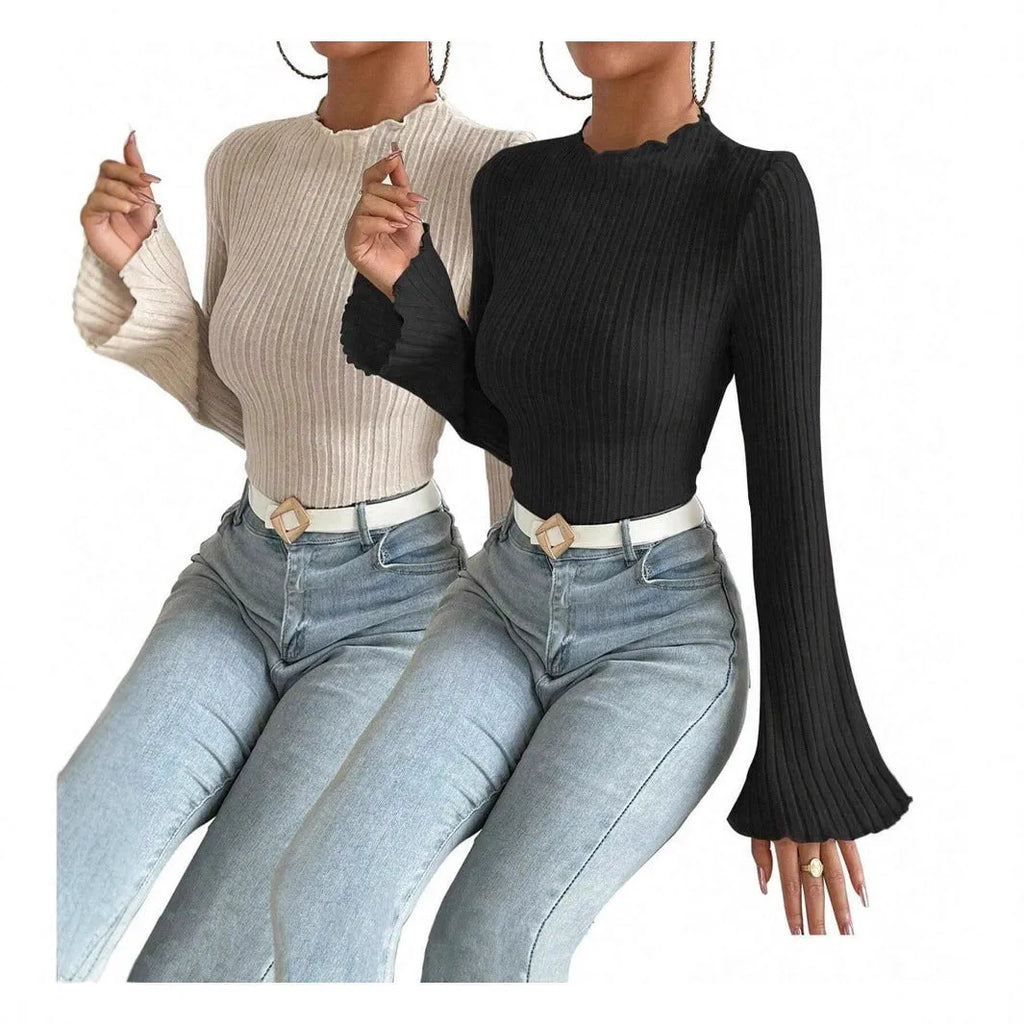 Long sleeve round neck top in brushed polyester with lantern sleeves and sunken stripe pattern