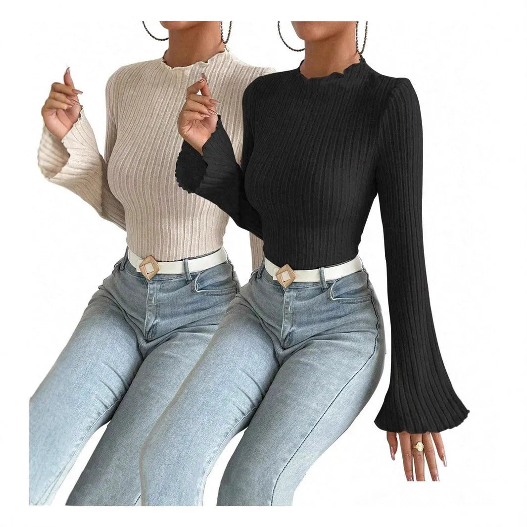 Long sleeve round neck top in brushed polyester with lantern sleeves and sunken stripe pattern