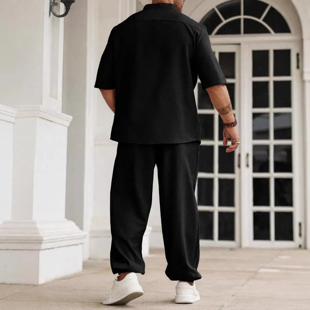 Men's casual cotton linen trousers set with short-sleeved shirt in three colour options
