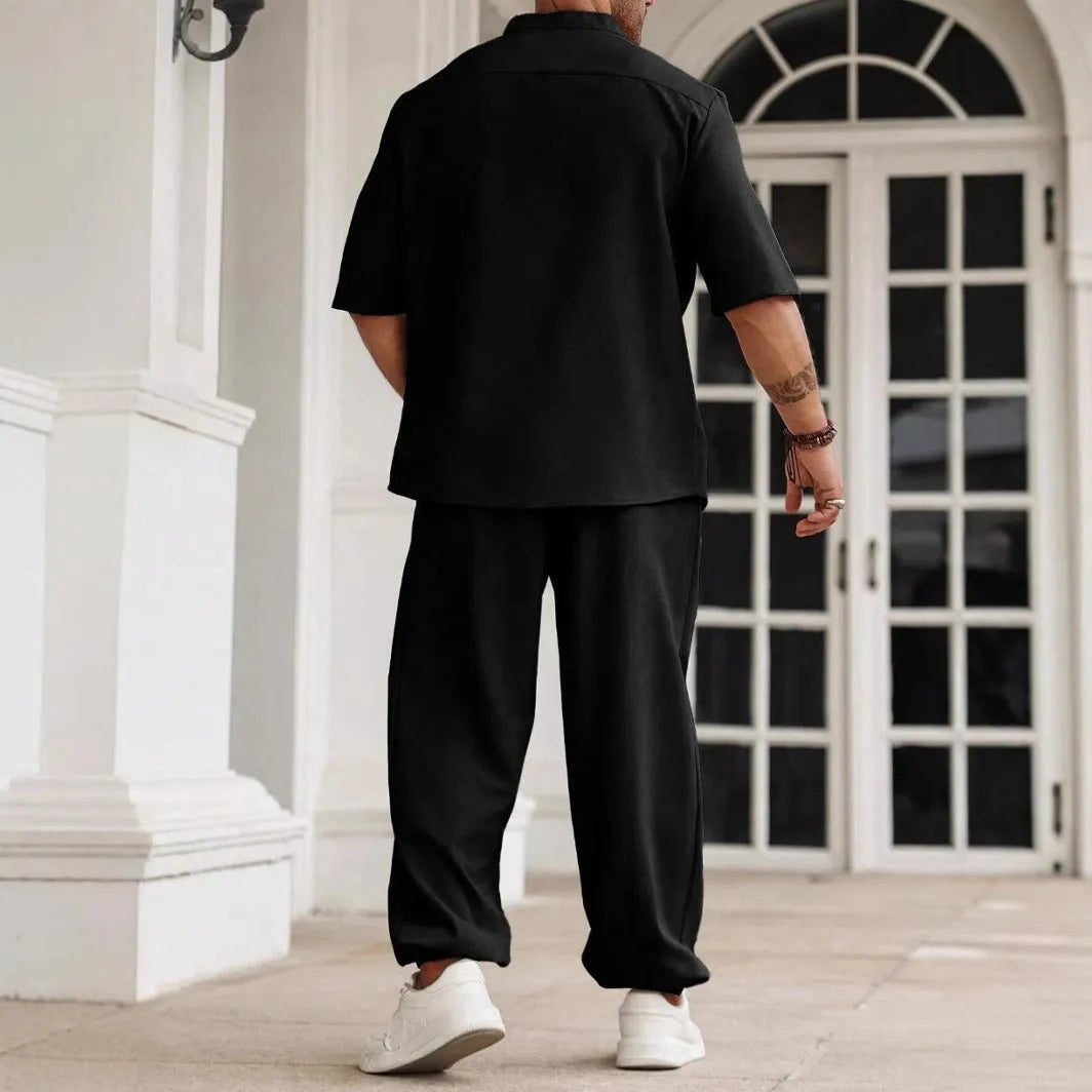 Men's casual cotton linen trousers set with short-sleeved shirt in three colour options
