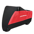Black polyester motorcycle rain cover with heat insulation and anti-theft features on parked bike