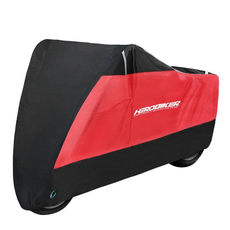 Black polyester motorcycle rain cover with heat insulation and anti-theft features on parked bike