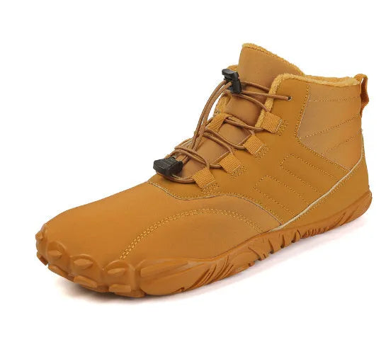 Outdoor winter slip-on boots for men and women with non-slip rubber sole, artificial plush lining, and waterproof Oxford cloth upper in black colour