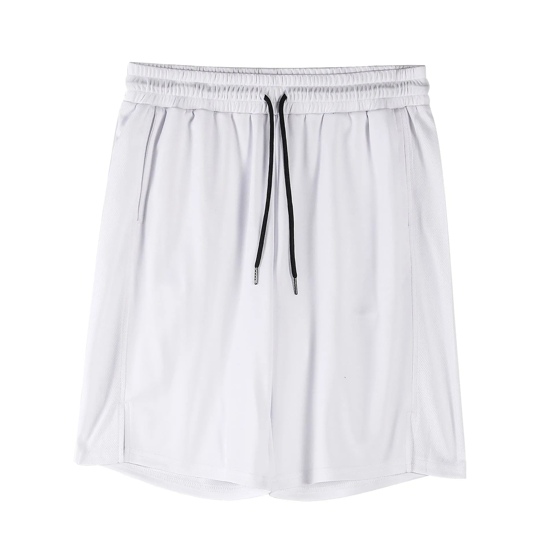 Men's black and white quick-dry mesh shorts with elastic waistband and loose fit
