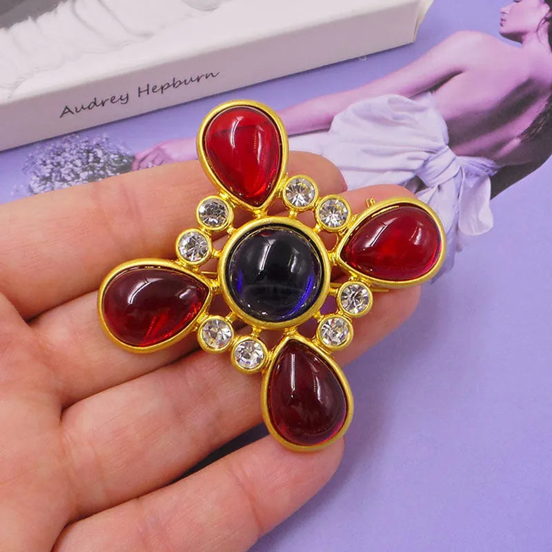 Medieval-style baroque cross brooch with crystal accents on zinc alloy in vintage design