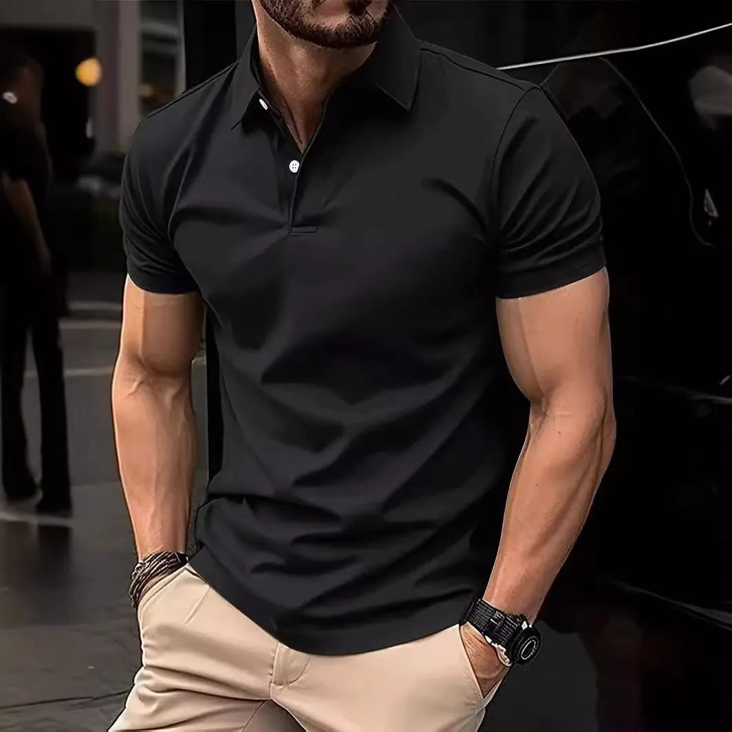 Men's slim fit button-front short sleeve casual shirt in a solid colour on a hanger.