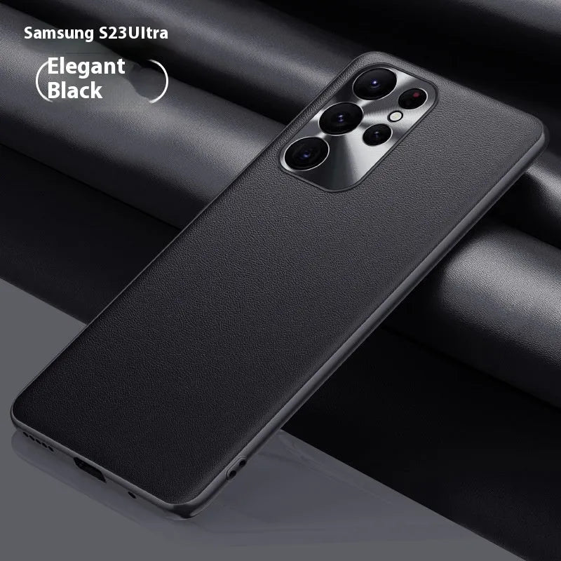 Leather pattern TPU phone case with metal lens ring for Samsung in Athens Black colour