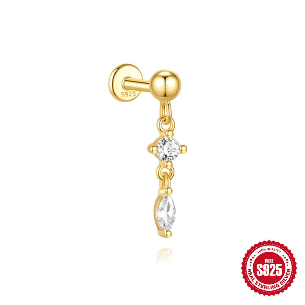 S925 sterling silver water drop shaped earring with a flat spiral puncture pattern, in a gold tone finish.