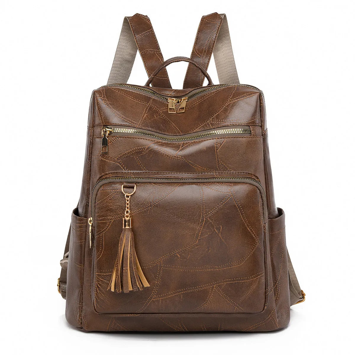 Women's large-capacity retro fashion backpack in white with plaid pattern and soft PU construction