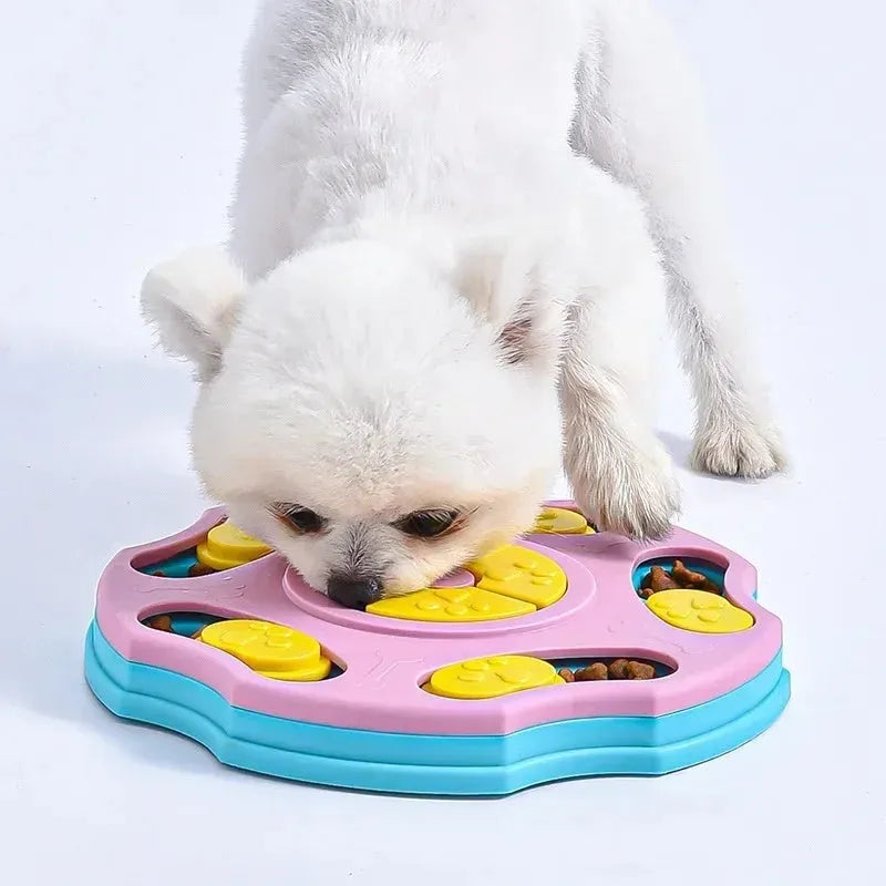 Blue dog puzzle feeder toy with interactive search-and-reward design for mental stimulation and slower eating.