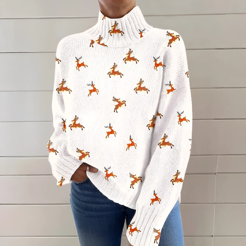 Women's Christmas printed turtleneck sweater in loose fit with festive design