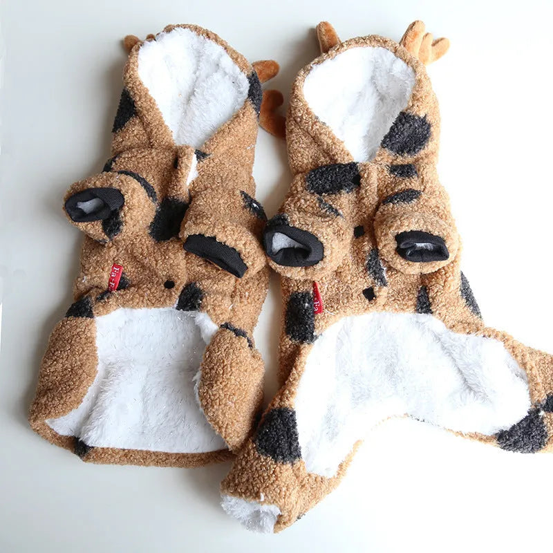 Polka dot patterned pet clothing for dogs and cats, shown in both four-legged jumpsuit and skirt styles.