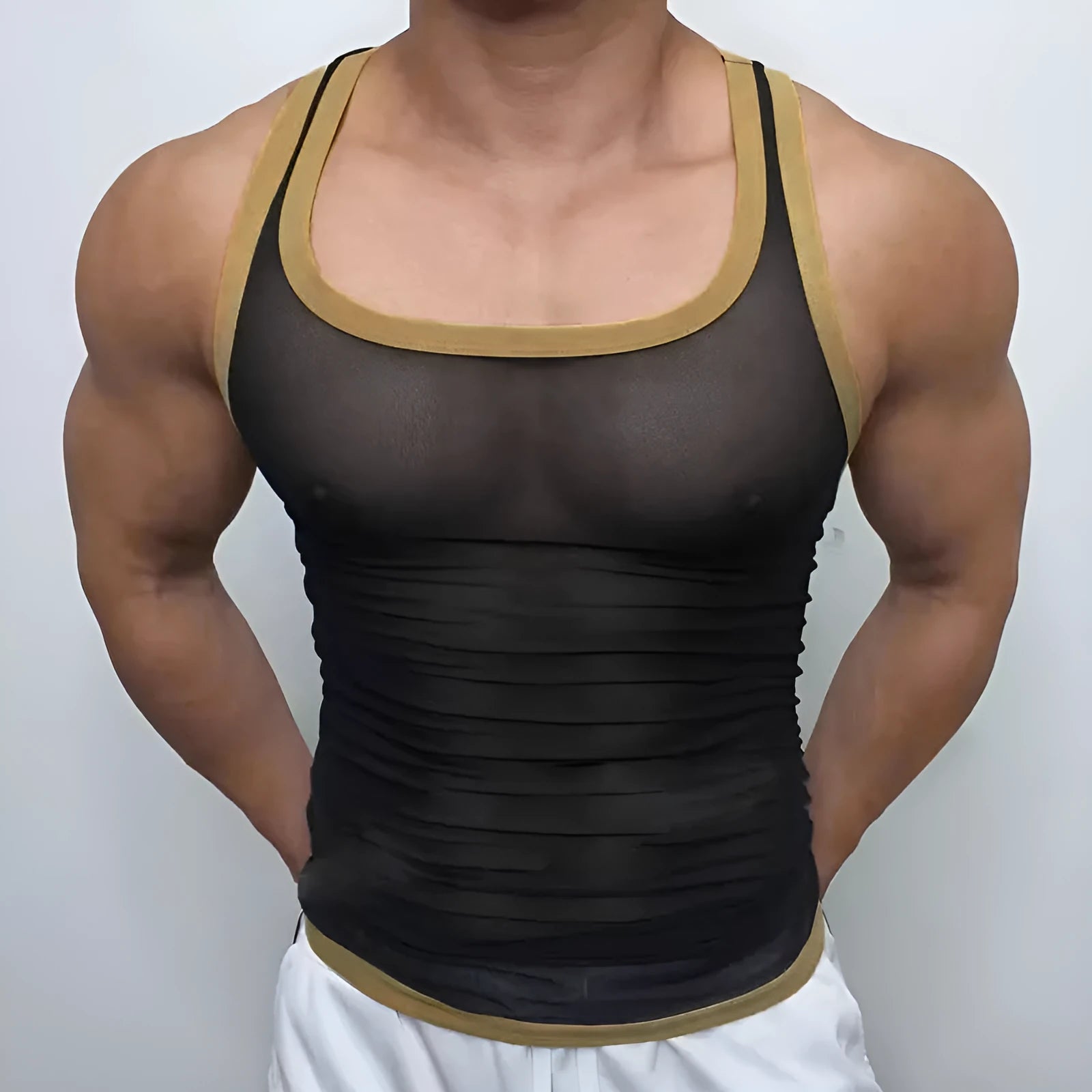 Men's black polyester mesh sleeveless fitness vest on a white background