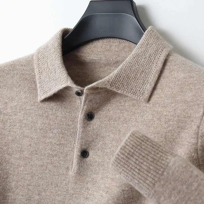Men's grey wool sweater pullover with a polo collar and long sleeves laid flat.