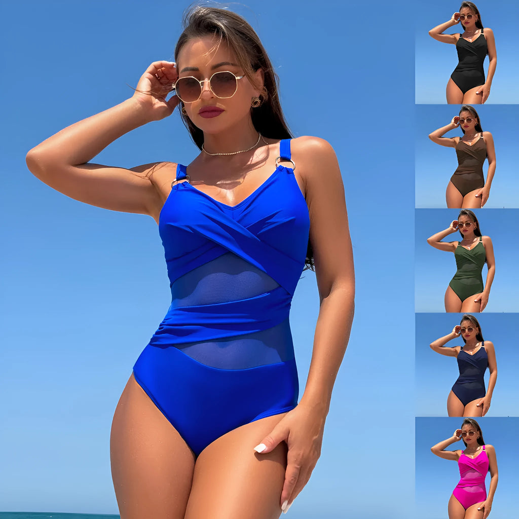 Women's sports quick-drying one-piece nylon spandex swimsuit in solid colour for swimming and wading